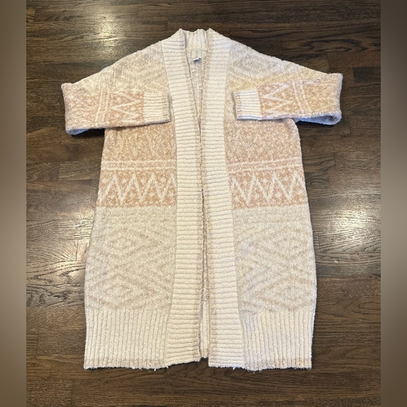 Joie Cable Knit Long Duster Open Cardigan Sweater Beige Tan Aztec Size Large - Picture 1 of 7